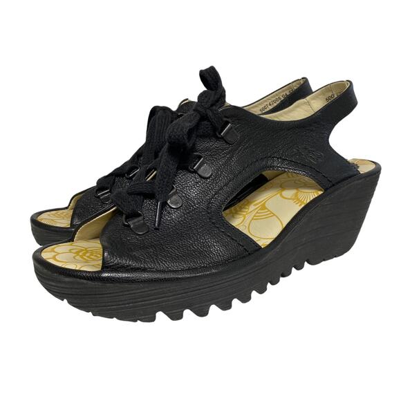 Fly London Womens Size 40 Black Leather Ylfa Lace Up Wedge Sandals - Picture 1 of 9